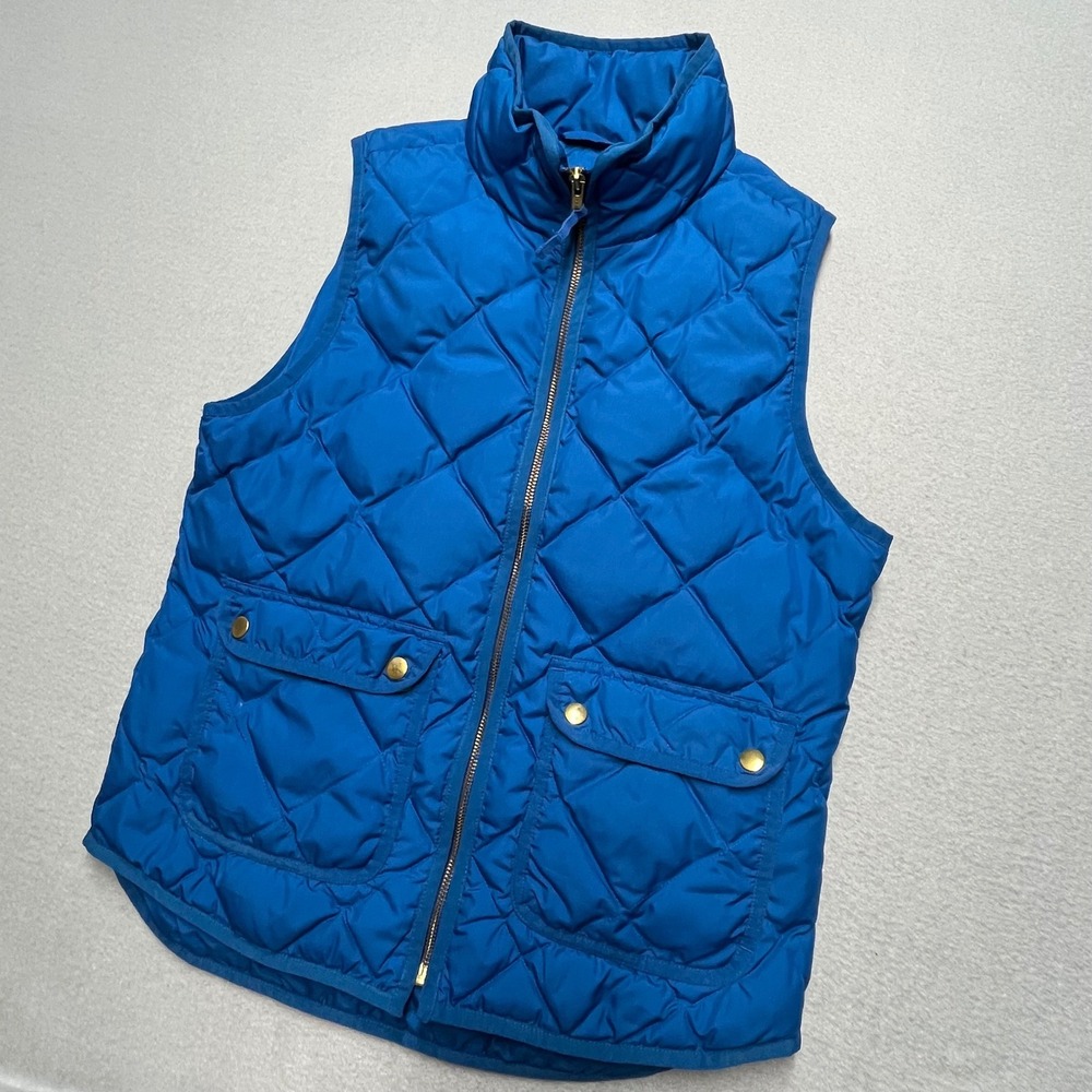 J. Crew Quilted Down Vest Royal Blue Snap Pocket Stand Collar‎ Women's Small